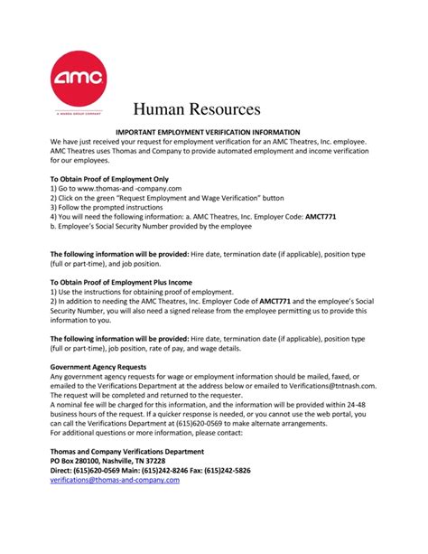 amc theatres employment verification.